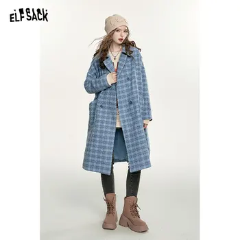 ELFSACK/ сини реколта палто в клетката, дамски връхни дрехи е със средна дължина в академик стил за есен/зима 2023 г.