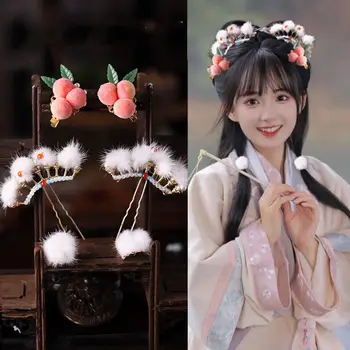 Шнола в китайски стил с пискюл, класически плюшени шапки Hanfu във формата на цвете, Балон на пръчка за хранене Hanfu, пръчка за коса Рокли