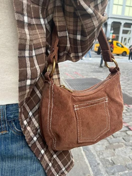 Кафява вельветовая дамска чанта с бели шевове, висококачествен памучен чанта с джоб под мишниците, четырехсезонная реколта градинска чанта през рамо