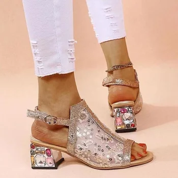 Дамски летни сандали с пайети, сандали с кристали, дамски сандали с катарама и кръг пръсти, сандали на средно токчета за жени 2022