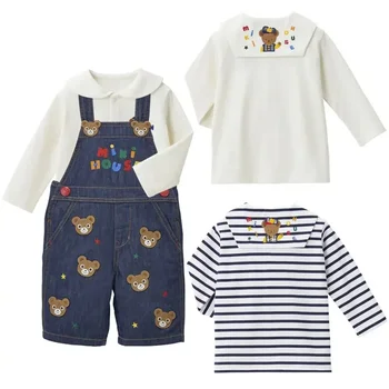 Есен 2023, детски дрехи за момчета и момичета, бродерия букви под формата на хубава мечка, тъмно синьо яка, риза с дълги ръкави под риза