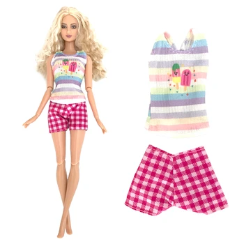 NK 1 комплект кукольной дрехи с Модерна риза с шарките на сладолед, раираната жилетка, Розови къси панталони, сладко облекло за кукли Барби, Аксесоари, подарък Играчка