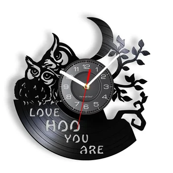 Детски Сови Начало декор Стенни часовници Бухал С надпис Love Hoo You Are Стенно изкуство Реколта Vinyl плоча Часовници Детска Стая Животни Часовници
