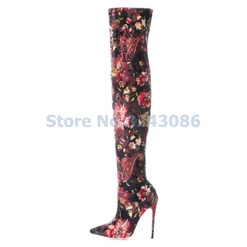 Основни ботуши над коляното от еластичен плат с остри Пръсти на висок тънък ток С цветен модел, Пикантен дамски обувки в прилепнал за пролет-есен