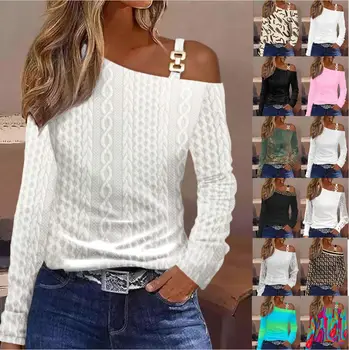 Дамски Пролетно-есенни блузи, тениски с дупки на ремешке, сексуална реколта тениски с дълъг ръкав, свободни ежедневни тениски