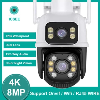 ICSEE 4K 8MP Wifi PTZ камера с двойна леща и двоен екран, външна водоустойчива цветна камера за нощно виждане с автоматично проследяване, камера за наблюдение