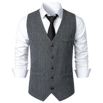 Ретро мъжки бизнес жилетка, елек за сватбен костюм на ретро-клетка, топ без ръкави с копчета тъмно-сиво/синьо/кафе цвят