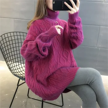 Пуловер с висока воротом, женски зимен дълго безплатно корейски мързелив пуловер 2023, нов вязаный топло обикновен пуловер