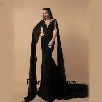 Бална рокля с ръкави-плащами, черна вечерна рокля под формата на рибено опашката, вечерна рокля с V-образно деколте, панделка под формата на рибено опашката