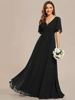 Елегантни вечерни рокли в стил империя с V образно деколте и къси ръкави с дължина до пода 2024 година от шифон Черна рокля на шаферка