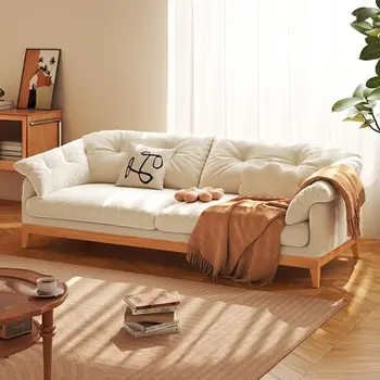 Текстилен диван в японски стил, модерен прост диван в скандинавски кремовом стил, малък апартамент, хол, плат за котешки драскотини, масив дърво s