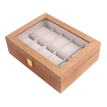 10 Слота Дървена кутия за съхранение на модерни часовници, бижута, Стъкло притежателя за дисплея на часа, Калъф за часа, кутия за съхранение на дисплея
