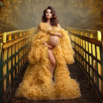 Луксозни жълти халати за бременни с волани, тюлевые рокли за бременни с дълъг ръкав, женски празнична рокля на рождения Ден на фотосесия в душата на детето