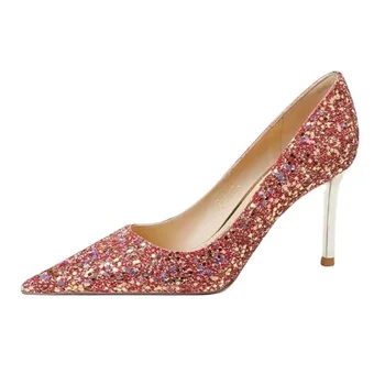 Сватбени обувки от червено злато, кристални обувки на шаферка на висок ток с остър пръсти, сребърни обувки с пайети, дамски обувки-лодка на висок ток