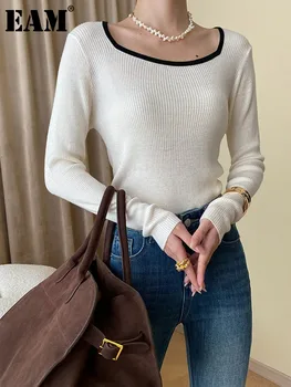 [ИАЛ] тънък Вязаный пуловер с цветен блок цвят каки, квадратен яка, Дамски Пуловери с дълъг ръкав, Новата Мода Пролет-Есен 2024, v