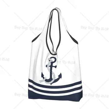 Печатни сини морски котви в синя и бяла ивица, чанта-тоут, преносим пазарска чанта през рамо, Ветроходство чанта за моряк