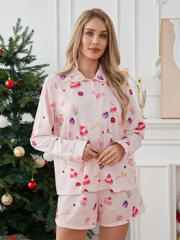 Жена пижамный комплект от 2 теми с цветен модел Y2k, риза с дълъг ръкав и копчета, Панталони с цепка отстрани, комплект пижам
