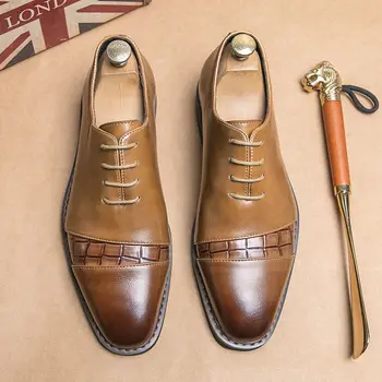 Мъжки модел обувки от изкуствена кожа, Мъжки Класически Реколта обувки в стил мозайка с перфорации тип 