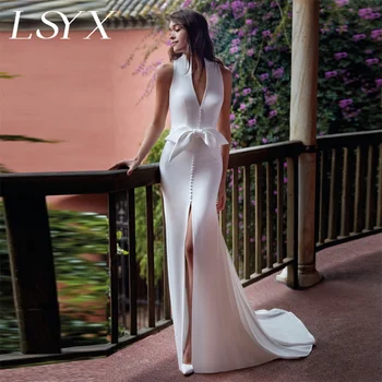 LSYX Сватбена рокля на Русалка с дълбоко V-образно деколте, дантелено рокля без ръкави, илюзия на границата, лък копчета отзад на сватбена рокля с дължина до пода, сшитое по поръчка