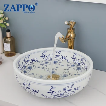 Смесител за мивка ZAPPO за баня и Комбиниран Керамичен Кръгла мивка за баня Мивка с ръчно рисувани мивки за баня