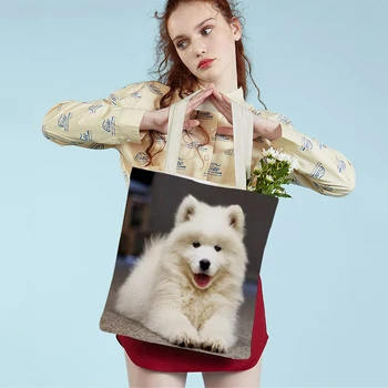Сладко бяло куче Самоед с двойно принтом Множество холщовая дамски студентски чанта-тоут, скъпа ежедневни пазарска чанта за домашни любимци