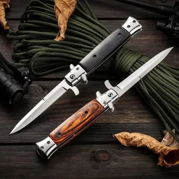 Сгъваем нож за самозащита с дървена дръжка Многофункционален сгъваем инструмент за самозащита на открито