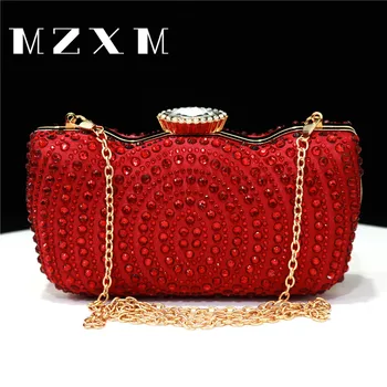 Нов дизайн, червено клатч, Модерна вечерна дамска чанта, Метал наплечная верига с диаманти, Голяма чанта с диамантена дръжка.