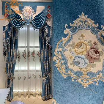 Европейските висококачествени сини плътни жакард завеси от шенилна за хол, спалня с френски прозорец, Вили поръчка