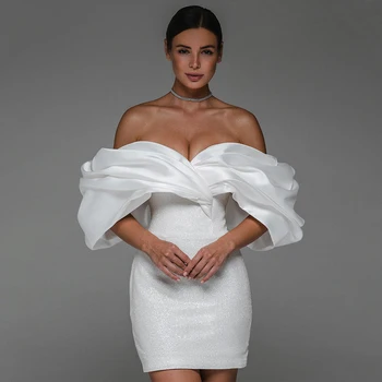 Кратко сватбена рокля с пайети, бяло, с открити рамене, мини-рокли-калъф/колона за жени, 2023, за булката с отворен гръб, гражданско Сватбена рокля 