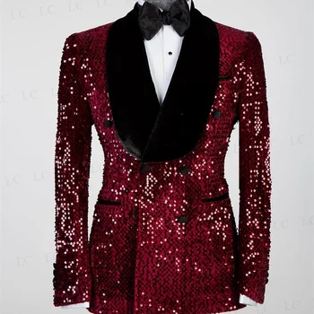 Бордо Лъскави мъжки костюми, луксозни едно парче сако с пайети, кадифе на една пуговице, богат на ревера, на сватбата на Младоженеца, изработена по поръчка, плюс размер