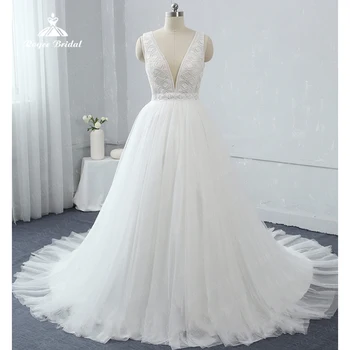 Дантелени сватбени рокли с V-образно деколте за младоженци 2023, Тюлевое на булката рокля в стил Бохо, сватбена рокля с отворен гръб