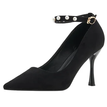 Новост есента 2023 г., дамски обувки на висок ток с остър пръсти, големи размери 30-44, с обтегач и перли, черни обувки на висок ток