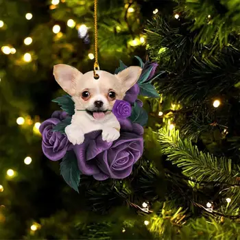 Декоративна висулка във формата на кученце ярък цвят с лилава роза, украса за кола, начало декор