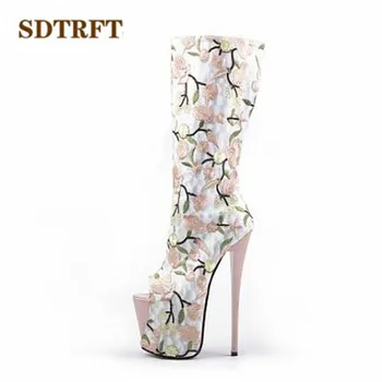SDTRFT/ дамски летни ботуши до коляното на тънките токчета-висок ток 20 см с отворени пръсти; обувки-лодка на платформата; дамски обувки с бродерия в ретро стил; по-Голяма размери: 34-46 47