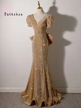 Vestidos De Fiesta Elegantes Para Mujer 2023, Златни Пайети, с къс Ръкав, V-образно деколте, Дамски официални Рокли с Русалочкой За Партита