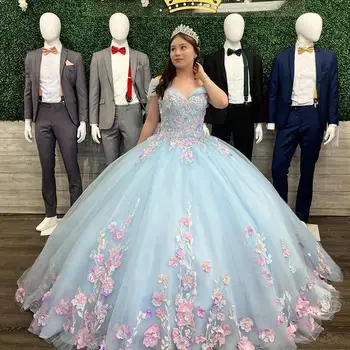Небето-синьо закръглени Розови рокли 3D Цветя, Флорални апликации Дантелено бална рокля С открити рамене Корсет Vestidos