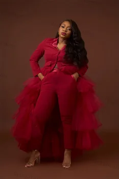 Червената Сватбена женски брючный костюм, комплект от 2 теми, Блейзър с влак от тюл + панталони, Смокинги за бала, яке за официалното представяне, палта на поръчка