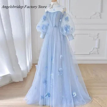 Скай-синя рокля трапецовидна форма с аппликацией, тюлевое рокля за абитуриентски бал с високо воротом и пищни ръкави, вечерни рокли с 3D цветя, вечерни халати De Soirée