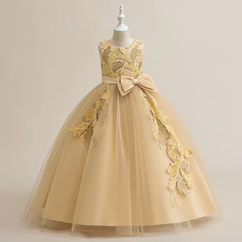 Нова рокля на принцеса с цветя модел за момичета, окото пищната пола, рокля за пиано, детско рокля за момиченце