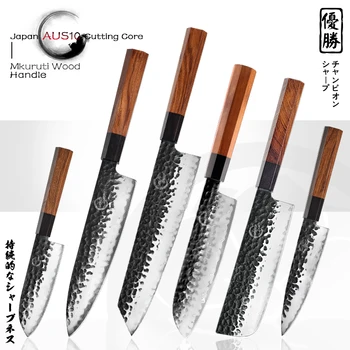 Комплект кухненски ножове Grandsharp Chef Santoku Nakiri Универсален нож 2 слоя AUS10 Стомана с Дървена дръжка Инструменти за приготвяне на храна за ръчно коване