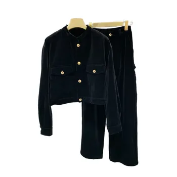 Velvet яке-жилетка с кръгло деколте, къси прави панталони, широки панталони, монофонични дизайн с двоен джоб, комфорт 2023 есен/зима