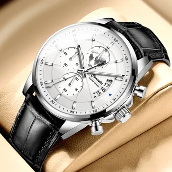 Модни луксозни мъжки кварцови часовници с автоматично светящимся календар, часовник с кожена каишка 