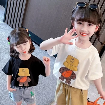 Нова лятна детски дрехи, Корейски модни Тениски с анимационни герои, Потници и тениски от 100% памук, Ежедневни облекла за момичета, Ризи с къс ръкав, Детски
