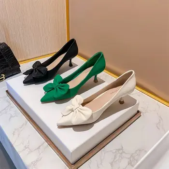 Дамски обувки 2023 г., Дамски Летни обувки Stilito Зелен цвят с Остри Пръсти и лък, Вечерни Слипоны на среден Ток, Популярна най-Високо Качество