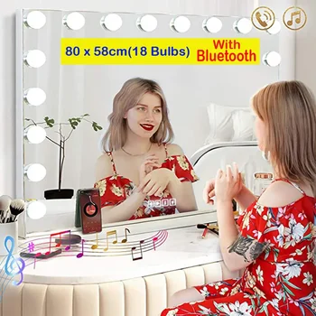 Огледало с Bluetooth подсветка, голям голливудское тоалетно огледало с осветление за настолен монтаж, монтиране на USB-порт за зареждане