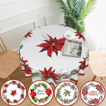 Коледна кръгла покривка с цвете коледна звезда, Моющаяся, множество Декоративна покривка за кухня, празничен декор на маса на открито